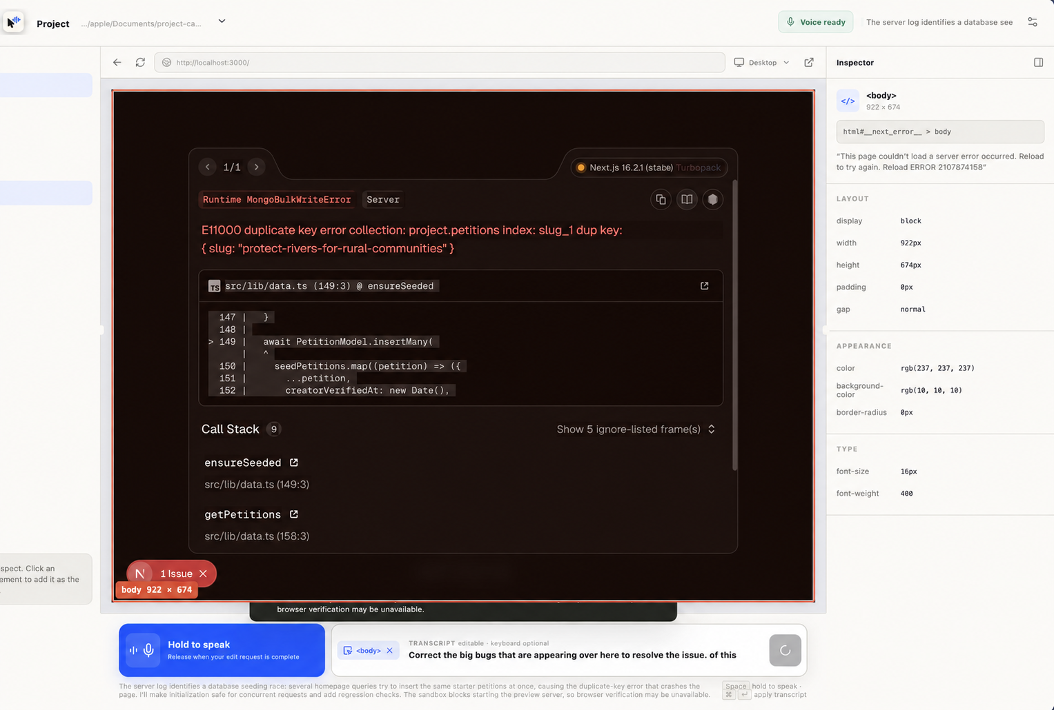 SpokeUI inspecting a selected element in a live preview